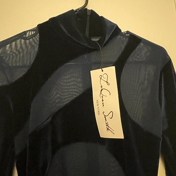 LaQuan Smith Navy Velvet and Mesh Catsuit - Picture 7 of 8